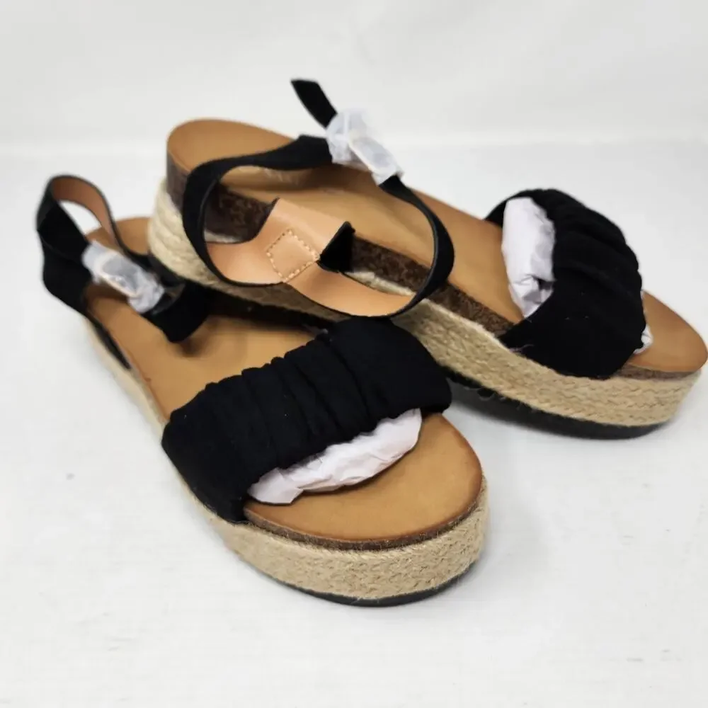 Black Wedge Espadrilles Sandals Platform Buckle Summer‎ Shoes Women's Size 5 NWT